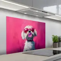 KitchenYeah Spatscherm 100x65 cm - Zelfklevende achterwand Pink - Hond - Bubbel - Keuken muurbeschermer - Spatwand fornuis