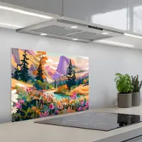 KitchenYeah Spatscherm 70x50 cm - Zelfklevende achterwand Rivier - Vallei vol bloemen - Levendig - Keuken muurbeschermer - Spatwand fornuis