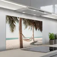 KitchenYeah Spatscherm 100x65 cm - Zelfklevende achterwand Hangmat - Palmbomen - Strand - Zee - Keuken muurbeschermer - Spatwand fornuis