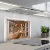 KitchenYeah Spatscherm 70x55 cm - Zelfklevende achterwand Hert - Dier - Bos - Herfst - Hertenkop - Bruin - Doorkijk - Keuken muurbeschermer - Spatwand fornuis