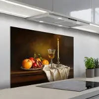 KitchenYeah Spatscherm 100x65 cm - Zelfklevende achterwand Fruit - Stilleven - Wijn - Kaars - Keuken muurbeschermer - Spatwand fornuis