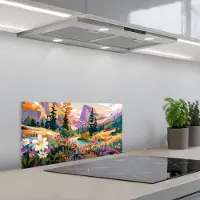 KitchenYeah Spatscherm 60x30 cm - Zelfklevende achterwand Rivier - Vallei vol bloemen - Levendig - Keuken muurbeschermer - Spatwand fornuis