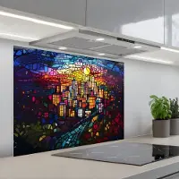 KitchenYeah Spatscherm 80x60 cm - Zelfklevende achterwand Stad - Maan - Mozaïek - Kleurrijk - Keuken muurbeschermer - Spatwand fornuis