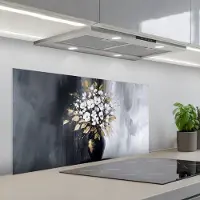 KitchenYeah Spatscherm 100x50 cm - Zelfklevende achterwand Bloemen - Wit - Vaas - Abstract - Keuken muurbeschermer - Spatwand fornuis