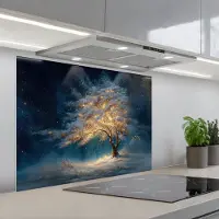 KitchenYeah Spatscherm 90x70 cm - Zelfklevende achterwand Levensboom - Nacht - Donker - Blauw - Keuken muurbeschermer - Spatwand fornuis