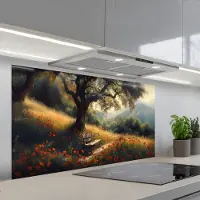 KitchenYeah Spatscherm 120x60 cm - Zelfklevende achterwand Bankje - Boom - Klaprozen - Heuvels - Keuken muurbeschermer - Spatwand fornuis