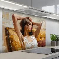 KitchenYeah Spatscherm 120x80 cm - Zelfklevende achterwand Vrouw - Kunst - Abstract - Modern - Keuken muurbeschermer - Spatwand fornuis