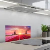KitchenYeah Spatscherm 60x30 cm - Zelfklevende achterwand Bloemen - Tulpen - Bloemenveld - Molens - Holland - Keuken muurbeschermer - Spatwand fornuis