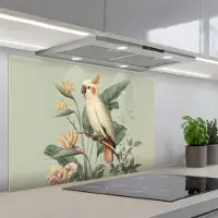 KitchenYeah Spatscherm 90x60 cm - Zelfklevende achterwand Gele kuifkaketoe - paradijsvogelbloemen - Groen - Keuken muurbeschermer - Spatwand fornuis