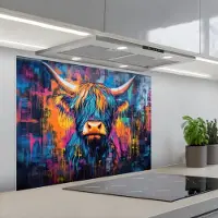 KitchenYeah Spatscherm 80x60 cm - Zelfklevende achterwand Schotse Hooglander - Abstract - Kleurrijk - Keuken muurbeschermer - Spatwand fornuis