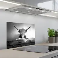 KitchenYeah Spatscherm 60x45 cm - Zelfklevende achterwand Schotse Hooglander - Spaghetti - Dieren - Zwart wit - Keuken muurbeschermer - Spatwand fornuis