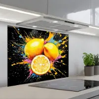 KitchenYeah Spatscherm 90x70 cm - Zelfklevende achterwand Citroen - Graffiti - Kleurrijk - Verf - Modern - Keuken muurbeschermer - Spatwand fornuis