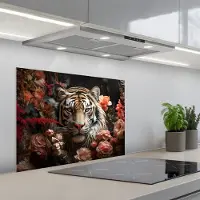 KitchenYeah Spatscherm 70x50 cm - Zelfklevende achterwand Tijger - Dier - Natuur - Bloemen - Botanisch - Keuken muurbeschermer - Spatwand fornuis