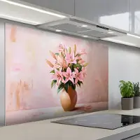 KitchenYeah Spatscherm 120x80 cm - Zelfklevende achterwand Vaas - Bloemen - Roze - Keuken muurbeschermer - Spatwand fornuis