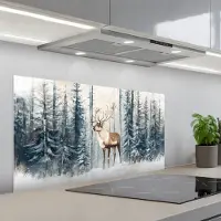 KitchenYeah Spatscherm 100x50 cm - Zelfklevende achterwand Rendier - Sneeuw - Woud - Wit - Keuken muurbeschermer - Spatwand fornuis