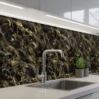 KitchenYeah Keuken achterwand 300x60 cm - Spatscherm zelfklevend Kristal - Goud - Zwart - Marmer print - Muurbeschermer - Spatwand fornuis