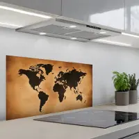 KitchenYeah Spatscherm 90x45 cm - Zelfklevende achterwand Wereldkaart - Bruin - Kaart - Keuken muurbeschermer - Spatwand fornuis