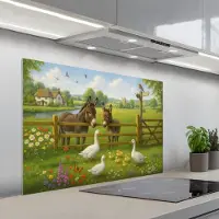 KitchenYeah Spatscherm 100x65 cm - Zelfklevende achterwand Ezels - Ganzen - Kleurrijk - Keuken muurbeschermer - Spatwand fornuis