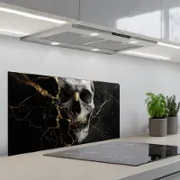KitchenYeah Spatscherm 90x45 cm - Zelfklevende achterwand Goud - Abstract - Schedel - Eng - Dood - Keuken muurbeschermer - Spatwand fornuis