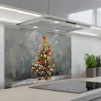 KitchenYeah Spatscherm 90x60 cm - Zelfklevende achterwand Kerstboom - Cadeaus - Rood - Goud - Keuken muurbeschermer - Spatwand fornuis