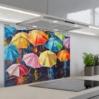 KitchenYeah Spatscherm 90x60 cm - Zelfklevende achterwand Paraplu's - Schilderij - Kunst - Regenboog - Keuken muurbeschermer - Spatwand fornuis