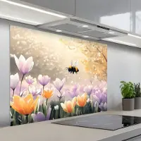 KitchenYeah Spatscherm 100x75 cm - Zelfklevende achterwand Viooltjes - bij - Zonlicht - Keuken muurbeschermer - Spatwand fornuis