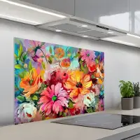 KitchenYeah Spatscherm 100x65 cm - Zelfklevende achterwand Bloemen - Kleurrijk - Kunst - Olieverf - Keuken muurbeschermer - Spatwand fornuis