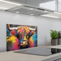 KitchenYeah Spatscherm 60x40 cm - Zelfklevende achterwand Graffiti - Schotse hooglander - Koe - Kleurrijk - Keuken muurbeschermer - Spatwand fornuis