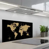 KitchenYeah Spatscherm 90x45 cm - Zelfklevende achterwand Wereldkaart - Beige - Zwart - Keuken muurbeschermer - Spatwand fornuis