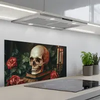 KitchenYeah Spatscherm 90x45 cm - Zelfklevende achterwand Skelet - Kaarsen - Rozen - Schedel - Boeken - Kandelaar - Keuken muurbeschermer - Spatwand fornuis