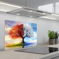 KitchenYeah Spatscherm 70x55 cm - Zelfklevende achterwand Seizoenen - Kunst - Boom - Winter - Herfst - Keuken muurbeschermer - Spatwand fornuis