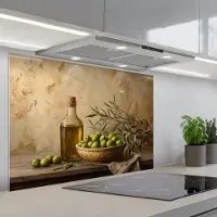 KitchenYeah Spatscherm 80x55 cm - Zelfklevende achterwand Olijven - Stilleven - Vintage - Keuken muurbeschermer - Spatwand fornuis