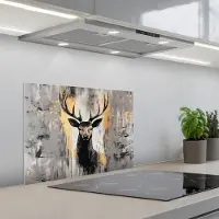 KitchenYeah Spatscherm 60x45 cm - Zelfklevende achterwand Abstract - Hert - Gewei - Goud - Keuken muurbeschermer - Spatwand fornuis