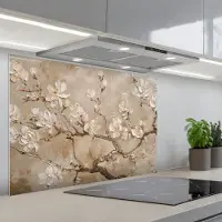 KitchenYeah Spatscherm 80x55 cm - Zelfklevende achterwand Bloemen - Modern - Beige - Wit - Bloesem - Keuken muurbeschermer - Spatwand fornuis