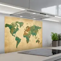 KitchenYeah Spatscherm 90x70 cm - Zelfklevende achterwand Wereldkaart - Aquarelstijl - Oud papier - Keuken muurbeschermer - Spatwand fornuis