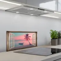 KitchenYeah Spatscherm 70x30 cm - Zelfklevende achterwand Doorkijk - Strand - Palmboom - Tropisch - Keuken muurbeschermer - Spatwand fornuis