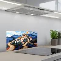 KitchenYeah Spatscherm 60x30 cm - Zelfklevende achterwand Dorp - Heuvelachtig - Zon - Mozaïek - Keuken muurbeschermer - Spatwand fornuis