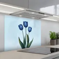 KitchenYeah Spatscherm 80x60 cm - Zelfklevende achterwand Tulpen - Blauw - Bladeren - Keuken muurbeschermer - Spatwand fornuis