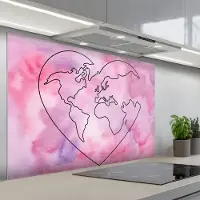 KitchenYeah Spatscherm 120x80 cm - Zelfklevende achterwand Hart - Roze - Wereldkaart - Keuken muurbeschermer - Spatwand fornuis