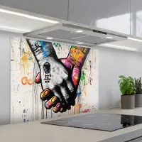 KitchenYeah Spatscherm 80x60 cm - Zelfklevende achterwand Graffiti - Handen - Vintage - Street art - Keuken muurbeschermer - Spatwand fornuis