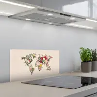 KitchenYeah Spatscherm 70x30 cm - Zelfklevende achterwand Wereldkaart - Bloemen - Roze - Keuken muurbeschermer - Spatwand fornuis