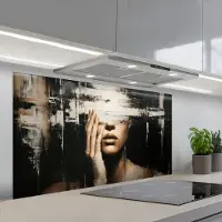 KitchenYeah Spatscherm 120x60 cm - Zelfklevende achterwand Hand - Gezicht - Strepen - Abstract - Keuken muurbeschermer - Spatwand fornuis