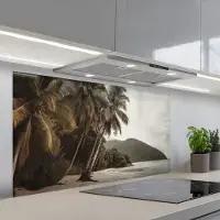 KitchenYeah Spatscherm 120x60 cm - Zelfklevende achterwand Eiland - Palmboom - Zee - Keuken muurbeschermer - Spatwand fornuis