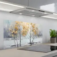 KitchenYeah Spatscherm 100x50 cm - Zelfklevende achterwand Winter - Bomen - Natuur - Acryl - Kunst - Keuken muurbeschermer - Spatwand fornuis