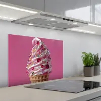 KitchenYeah Spatscherm 70x50 cm - Zelfklevende achterwand Softijs - Edelstenen - Roze - Hoorntje - Keuken muurbeschermer - Spatwand fornuis