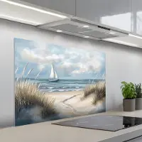 KitchenYeah Spatscherm 100x65 cm - Zelfklevende achterwand Zee - Zeilboot - Strand - Duinen - Vintage - Keuken muurbeschermer - Spatwand fornuis