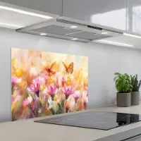 KitchenYeah Spatscherm 70x55 cm - Zelfklevende achterwand Vlinders - Oranje - Bloemen - Keuken muurbeschermer - Spatwand fornuis