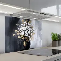 KitchenYeah Spatscherm 80x60 cm - Zelfklevende achterwand Bloemen - Wit - Vaas - Abstract - Keuken muurbeschermer - Spatwand fornuis