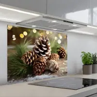 KitchenYeah Spatscherm 90x70 cm - Zelfklevende achterwand Dennenappels - Kerstsfeer - Bruin - Groen - Keuken muurbeschermer - Spatwand fornuis