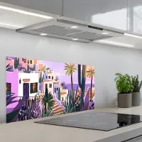 KitchenYeah Spatscherm 90x45 cm - Zelfklevende achterwand Huizen - Minimalistisch - Palmbomen - Kust - Keuken muurbeschermer - Spatwand fornuis